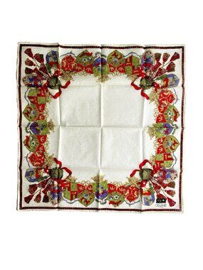 CELINE Paris Vintage Cotton Scarf Heraldic Crest Tassel Equestrian 20” Square